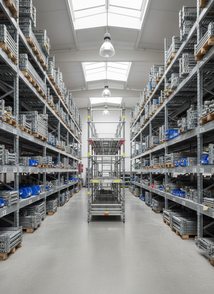Una zona de bodega ordenada con filas de andamios modulares apilados en estanterías metálicas, cada componente clasificado por tamaño y función. En el centro, una plataforma de demostración completamente armada muestra la configuración estándar recomendada para obras en altura media. El espacio interior es amplio, con piso de concreto pulido y paredes claras, iluminado por luz natural que entra desde tragaluces superiores y se mezcla con iluminación industrial neutra. La toma fotográfica panorámica, en alta resolución, transmite sensación de organización, eficiencia y asesoría técnica, con una estética profesional, limpia y moderna, sin presencia humana, enfocada solo en los equipos.