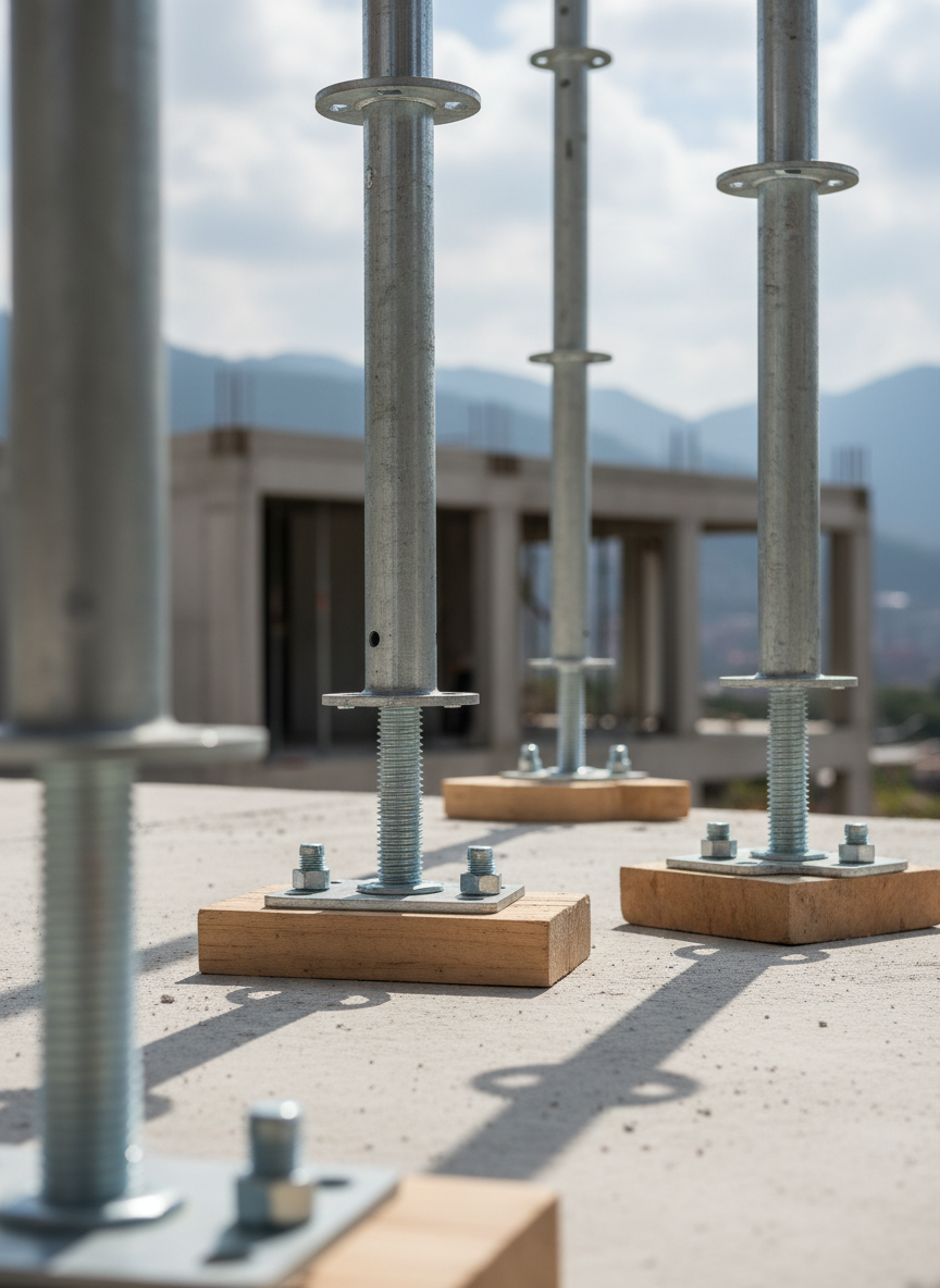 Un acercamiento fotográfico a la base de un sistema de andamios, donde se observan claramente las placas base, husillos de nivelación y apoyos sobre superficies de concreto cuidadosamente protegidas con calzos. Los detalles del metal galvanizado, las roscas limpias y los seguros de bloqueo transmiten precisión técnica. El fondo muestra una obra medianamente avanzada en Medellín, con estructura de concreto y montañas desenfocadas a lo lejos. La luz de mediodía, ligeramente filtrada por nubes, produce reflejos controlados en el metal. La toma se realiza a nivel del suelo con ligera profundidad de campo, generando una atmósfera de rigor, seguridad y asesoría experta en el montaje.