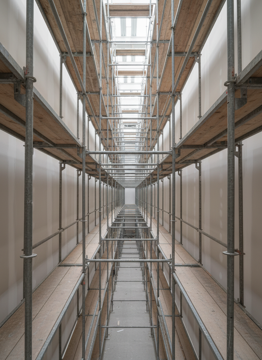 Un conjunto de andamios estrechos montados en el interior de una edificación en remodelación, formando corredores a doble altura a lo largo de un muro alto y liso, listo para recibir acabado. Las plataformas de trabajo de madera laminada clara contrastan con los tubos metálicos gris acero. Luz natural entra por aperturas superiores y se complementa con iluminación neutra de obra, creando un ambiente uniforme, sin sombras duras. La cámara se sitúa al centro del pasillo de andamios, en perspectiva lineal profunda, enfatizando la sensación de orden y eficiencia espacial. El estilo fotográfico es realista, con atmósfera profesional, silenciosa y metódica.