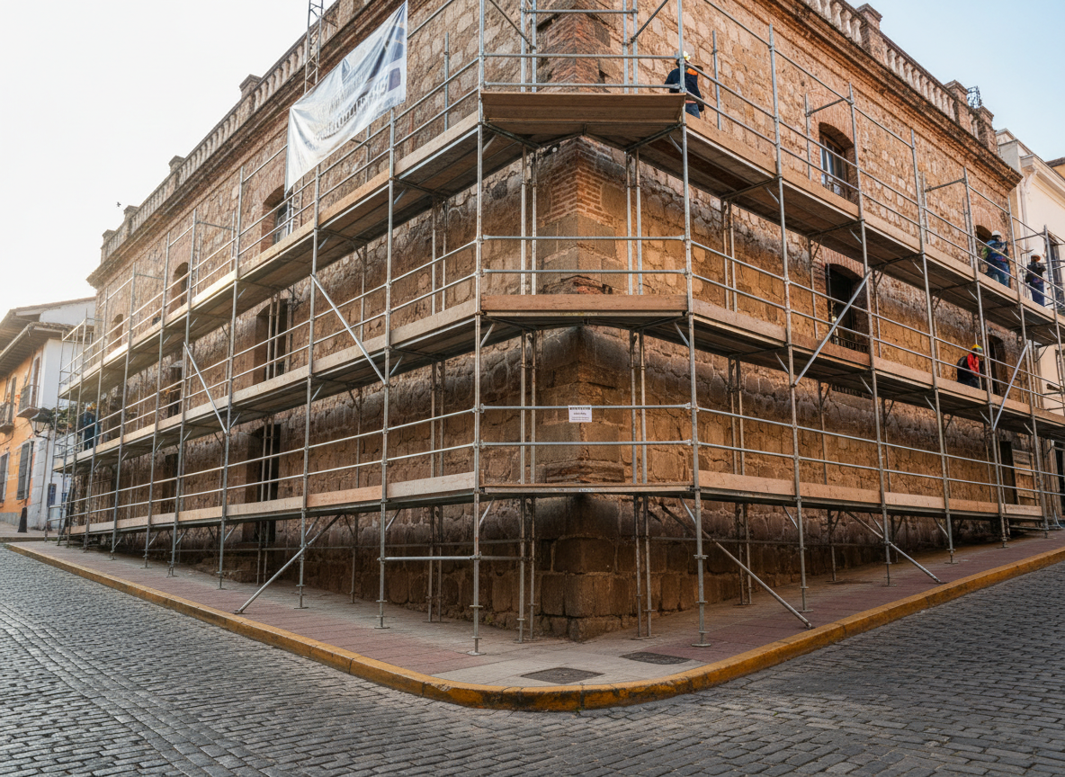 Un frente de obra en una calle inclinada de Medellín, donde un conjunto de andamios se adapta a diferentes alturas y desniveles del terreno, mostrando plataformas escalonadas y apoyos correctamente ajustados. La barandilla perimetral y los rodapiés forman líneas horizontales claras frente a una fachada antigua en proceso de restauración. La luz de la mañana crea un contraste suave entre el metal del andamio y los tonos cálidos de la mampostería. Tomada desde una esquina en ligera vista panorámica, la imagen enfatiza el uso inteligente del sistema, la seguridad y la optimización de materiales, con estilo fotográfico realista y ambiente profesional y ordenado.