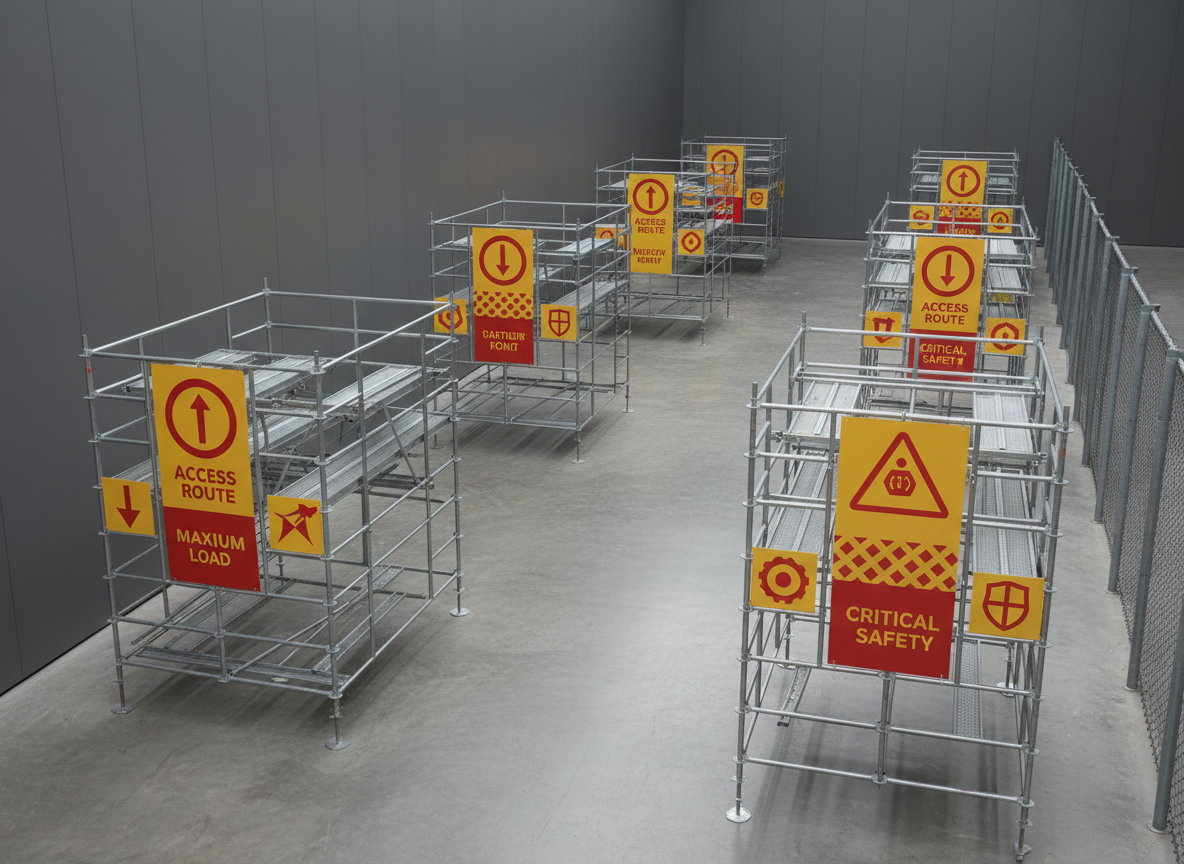 Una escena de capacitación técnica simulada donde varios tramos de andamios están montados en diferentes configuraciones, cada uno con señalizaciones visuales claras en colores intensos indicando puntos críticos de seguridad, cargas máximas y rutas de acceso, todo sin textos legibles. El entorno es un patio industrial amplio con suelo de concreto y una pared lateral pintada en tonos neutros. La luz de día, algo difusa, suaviza las sombras y resalta las superficies metálicas. La cámara en vista ligeramente elevada abarca toda la disposición, evocando un ambiente de formación rigurosa, transparencia en los procesos y enfoque preventivo, con estilo fotográfico limpio y contemporáneo.