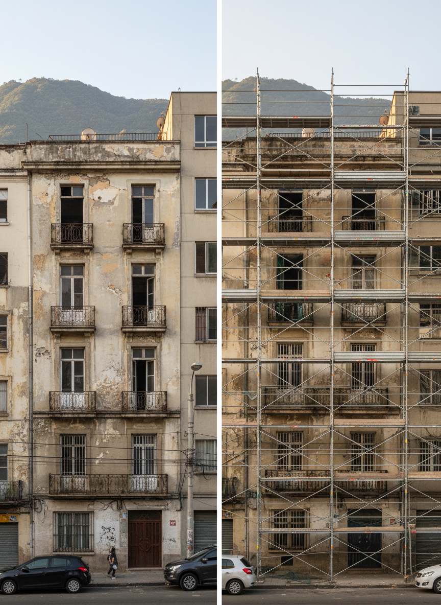Una composición de “antes y después” en una sola imagen: a la izquierda, la fachada de un edificio sin andamios, con superficies deterioradas; a la derecha, la misma fachada completamente rodeada por andamios modulares bien alineados, con plataformas a diferentes niveles listas para la intervención. El entorno urbano de Medellín aparece consistente a ambos lados, con montañas al fondo. La luz de tarde, uniforme, asegura continuidad visual. La división central es limpia y clara, con encuadre frontal, en estilo fotográfico realista. La atmósfera transmite orden, planificación y claridad en el proceso constructivo, subrayando la idea de trabajo eficiente y sin costos innecesarios.
