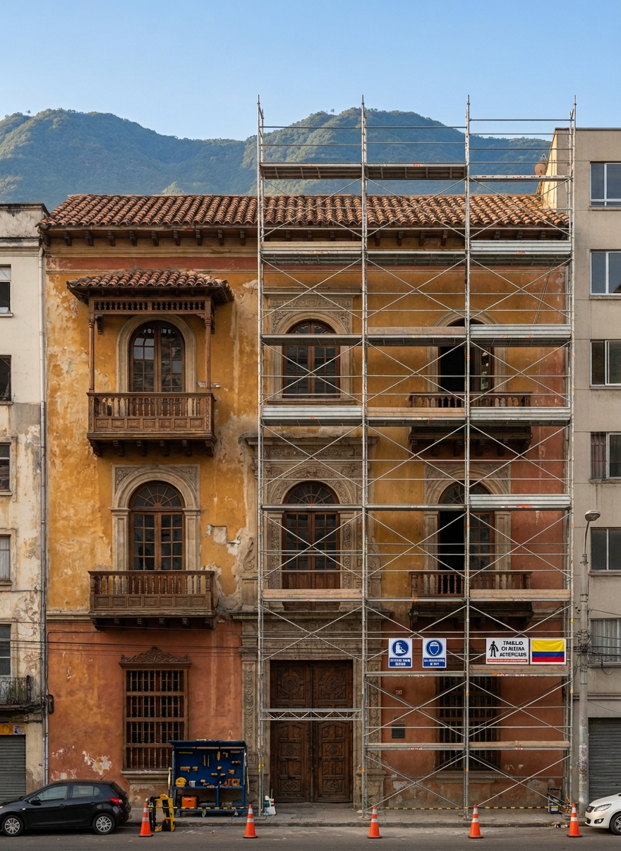 andamios Una composición de “antes y después” en una sola imagen: a la izquierda, la fachada de un edificio sin andamios, con superficies deterioradas; a la derecha, la misma fachada completamente rodeada por andamios modulares bien alineados, con plataformas a diferentes niveles listas para la intervención. El entorno urbano de Medellín aparece consistente a ambos lados, con montañas al fondo. La luz de tarde, uniforme, asegura continuidad visual. La división central es limpia y clara, con encuadre frontal, en estilo fotográfico realista. La atmósfera transmite orden, planificación y claridad en el proceso constructivo, subrayando la idea de trabajo eficiente y sin costos innecesarios.